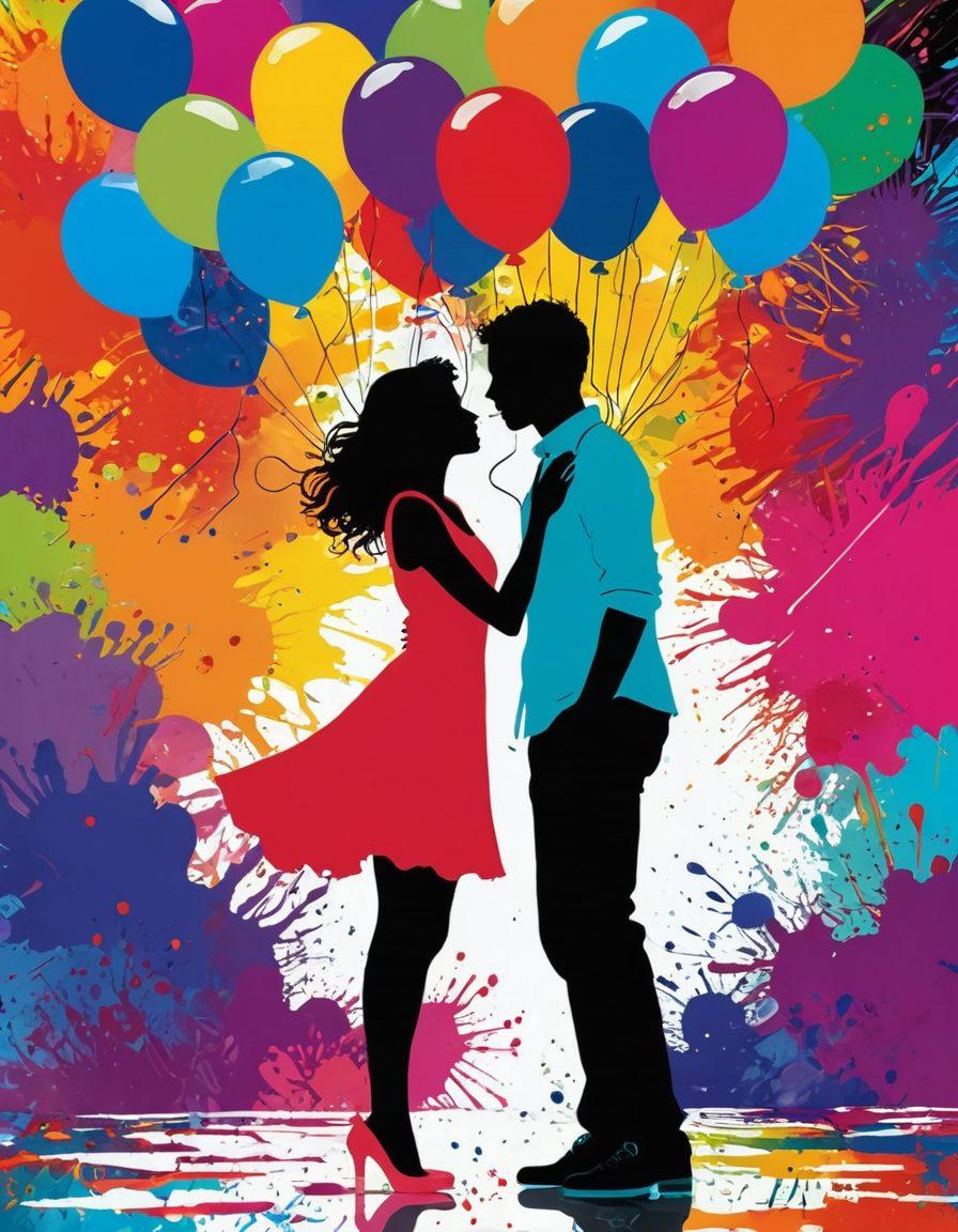 A whimsical yet thought-provoking scene depicting young adults engaging in playful, artistic expressions of love and flirtation. The background features abstract shapes and vibrant colors, symbolizing creativity and passion. Include elements like colorful balloons, paint splatters, and silhouettes of couples sharing intimate gestures, all emphasizing the playful aspect of youth and erotica. Surrealistic style, vibrant colors, 3D effects.