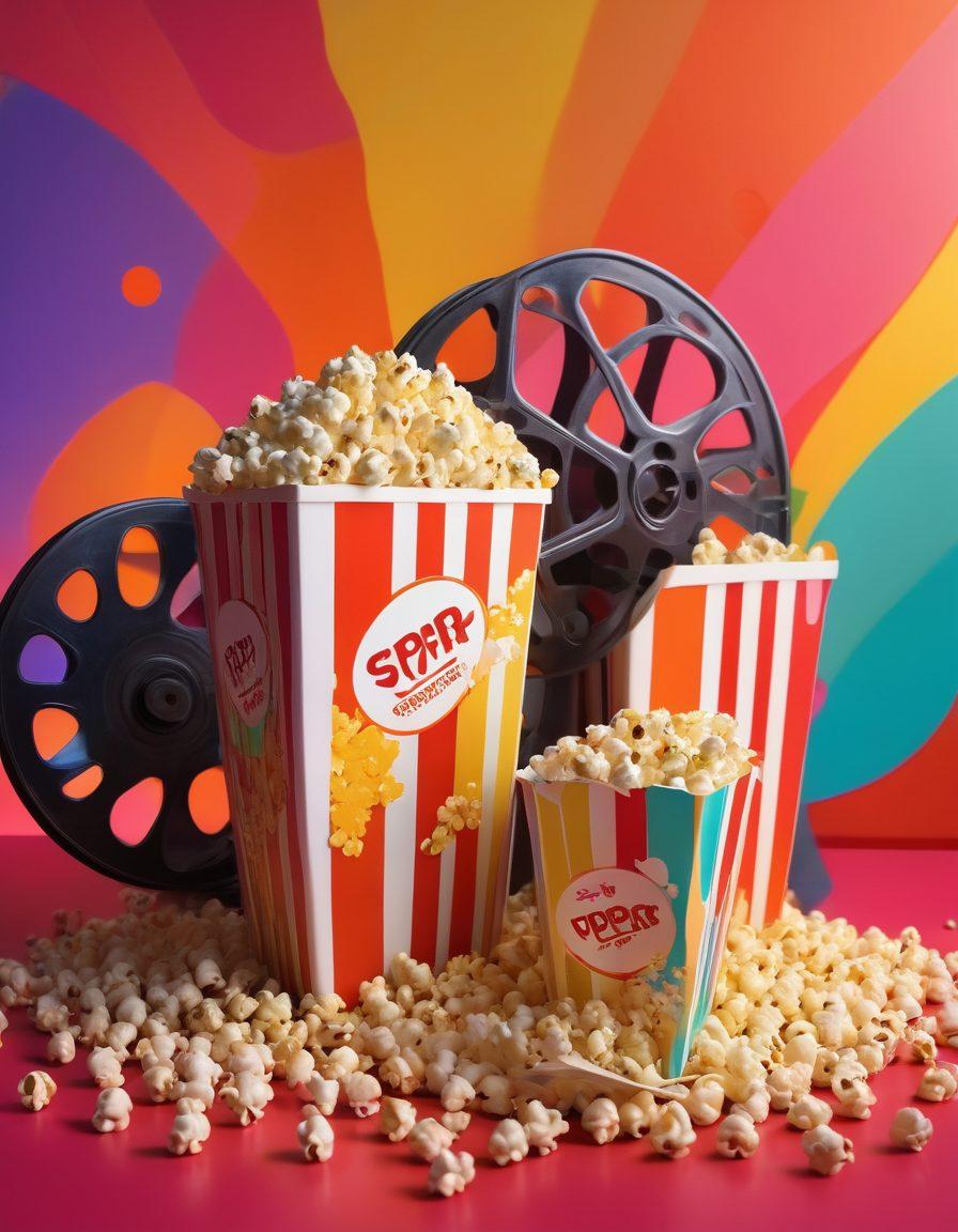 A vibrant and playful scene depicting colorful film reels and popcorn, surrounded by abstract shapes symbolizing creativity and exploration. Incorporate hints of youthful energy with silhouettes of teens enjoying cinema, balanced with a tasteful nod to sensuality through soft, flowing textures and warm lighting. The background should suggest a whimsical, dream-like atmosphere. super-realistic. vibrant colors. 3D.